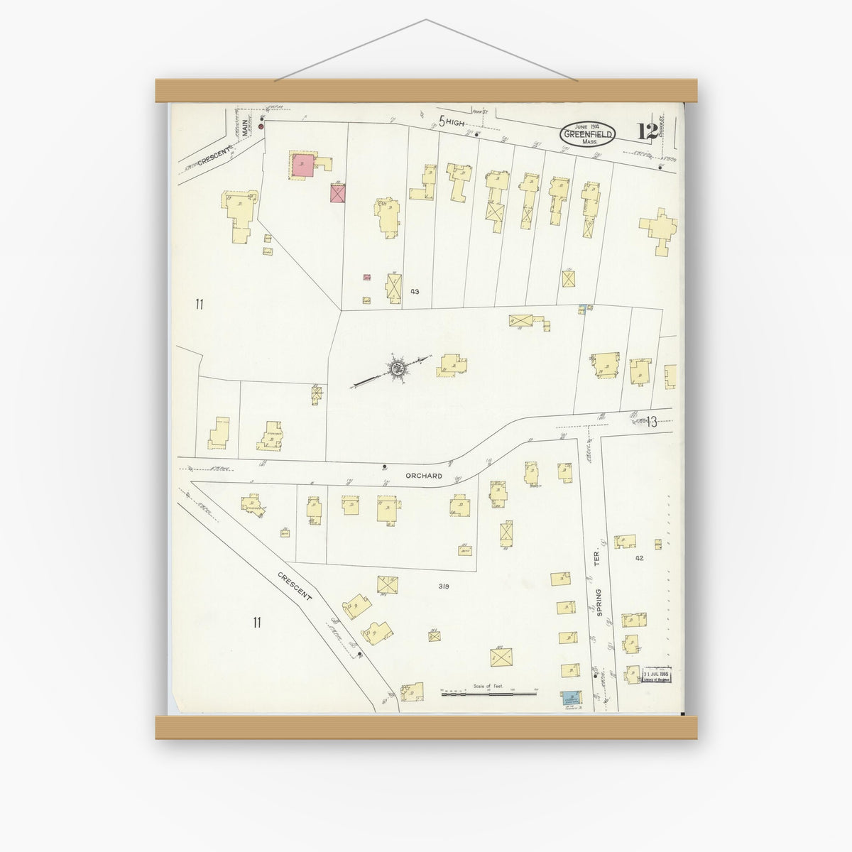 Old map wall art mockup — magnetic wood frame on white wall — Sanborn Fire Insurance Map from Greenfield, Franklin County, Massachusetts (1914), Sheet #0012