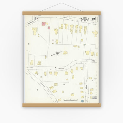 Old map wall art mockup — magnetic wood frame on white wall — Sanborn Fire Insurance Map from Greenfield, Franklin County, Massachusetts (1914), Sheet #0012
