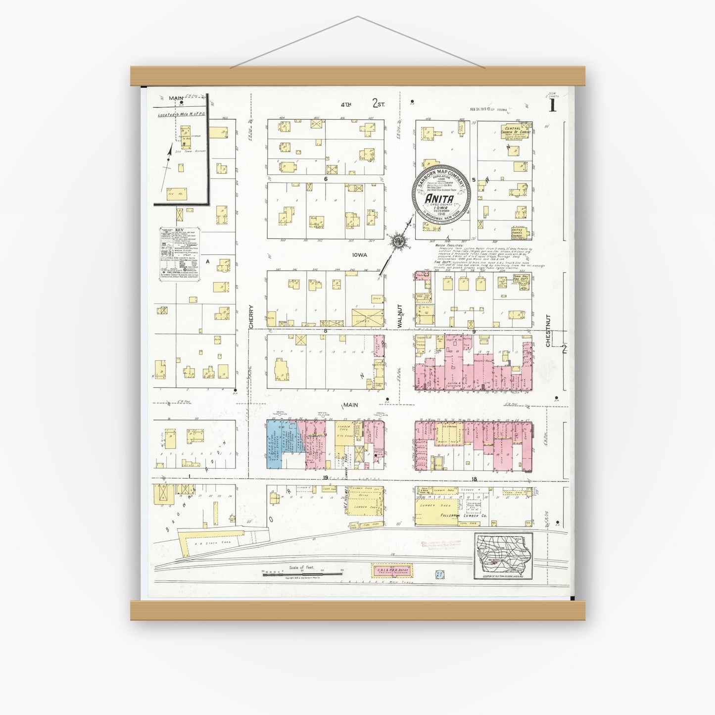 Old map wall art mockup — magnetic wood frame on white wall — Sanborn Fire Insurance Map from Anita, Cass County, Iowa (1918), Sheet #0001