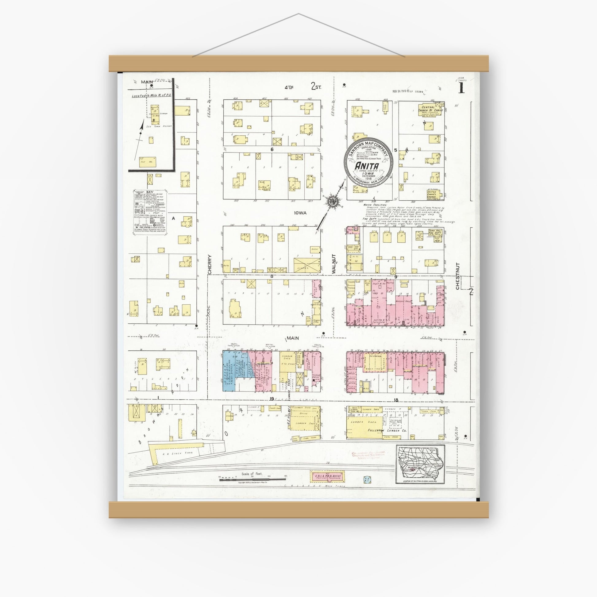 Old map wall art mockup — magnetic wood frame on white wall — Sanborn Fire Insurance Map from Anita, Cass County, Iowa (1918), Sheet #0001
