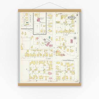 Old map wall art mockup — magnetic wood frame on white wall — Sanborn Fire Insurance Map from Crawfordsville, Montgomery County, Indiana (1907), Sheet #0002