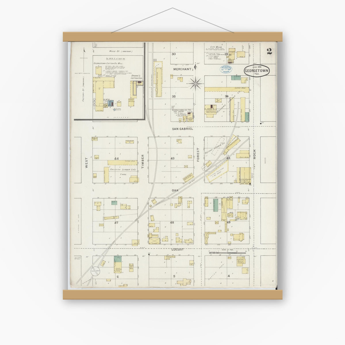 Old map wall art mockup — magnetic wood frame on white wall — Sanborn Fire Insurance Map from Georgetown, Williamson County, Texas (1894), Sheet #0002