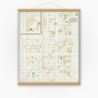Old map wall art mockup — magnetic wood frame on white wall — Sanborn Fire Insurance Map from Georgetown, Williamson County, Texas (1894), Sheet #0002