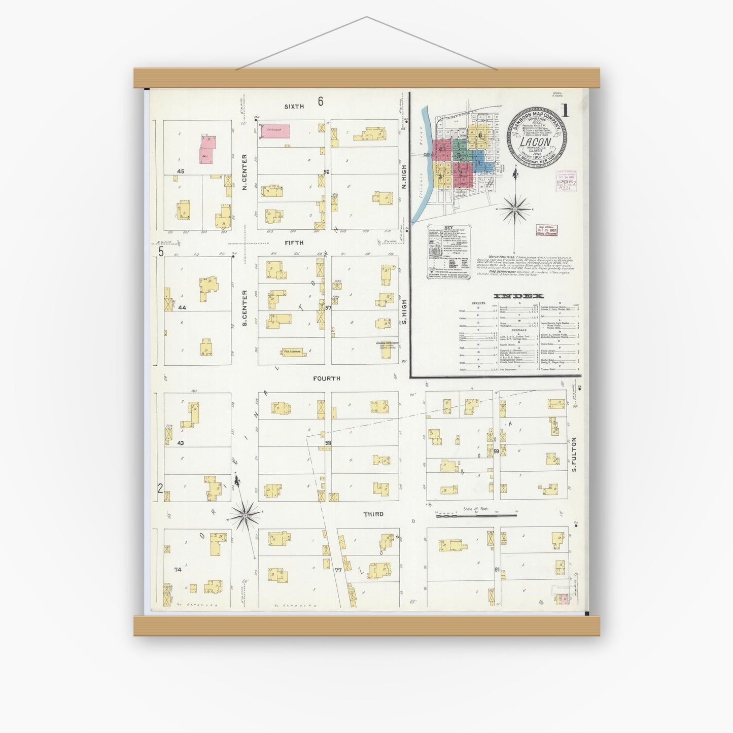 Old map wall art mockup — magnetic wood frame on white wall — Sanborn Fire Insurance Map from Lacon, Marshall County, Illinois (1907), Sheet #0001