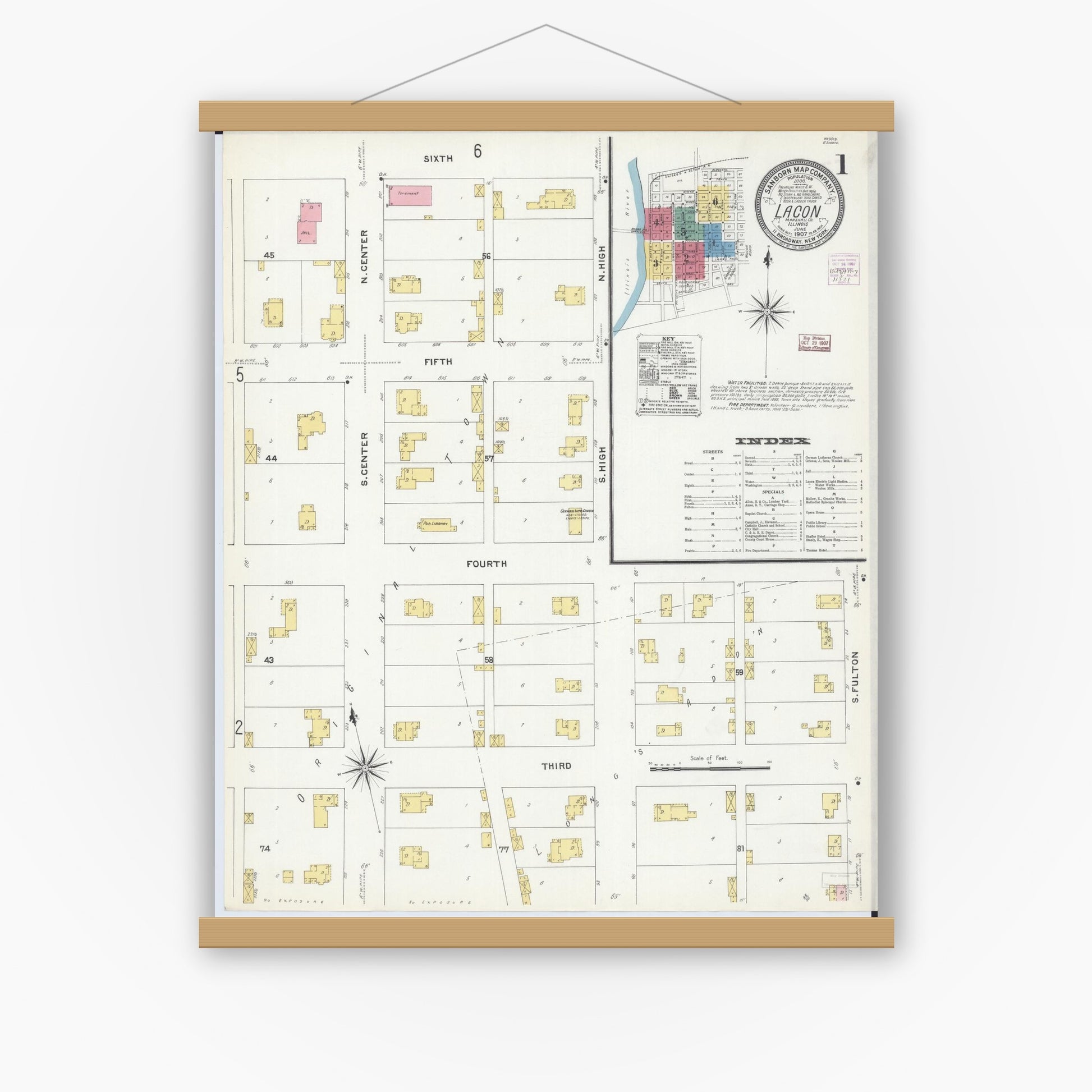 Old map wall art mockup — magnetic wood frame on white wall — Sanborn Fire Insurance Map from Lacon, Marshall County, Illinois (1907), Sheet #0001