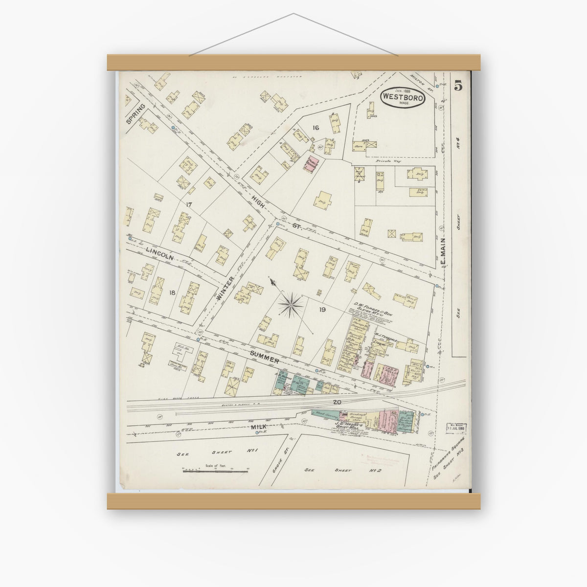 Old map wall art mockup — magnetic wood frame on white wall — Sanborn Fire Insurance Map from Westboro, Worcester County, Massachusetts (1888), Sheet #0005