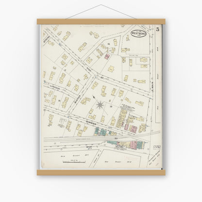 Old map wall art mockup — magnetic wood frame on white wall — Sanborn Fire Insurance Map from Westboro, Worcester County, Massachusetts (1888), Sheet #0005