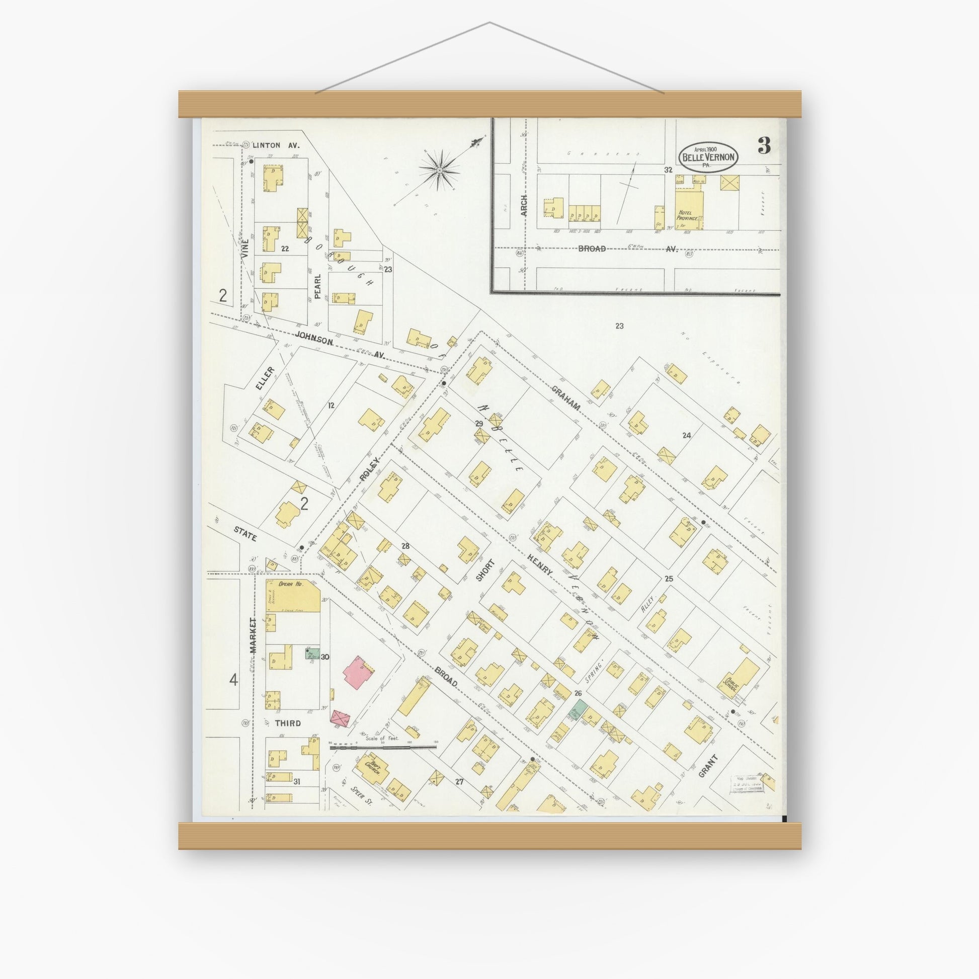 Old map wall art mockup — magnetic wood frame on white wall — Sanborn Fire Insurance Map from Belle Vernon, Fayette County, Pennsylvania (1900), Sheet #0003