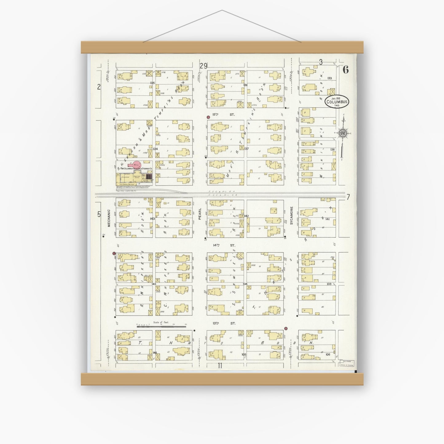 Old map wall art mockup — magnetic wood frame on white wall — Sanborn Fire Insurance Map from Columbus, Bartholomew County, Indiana (1912), Sheet #0006