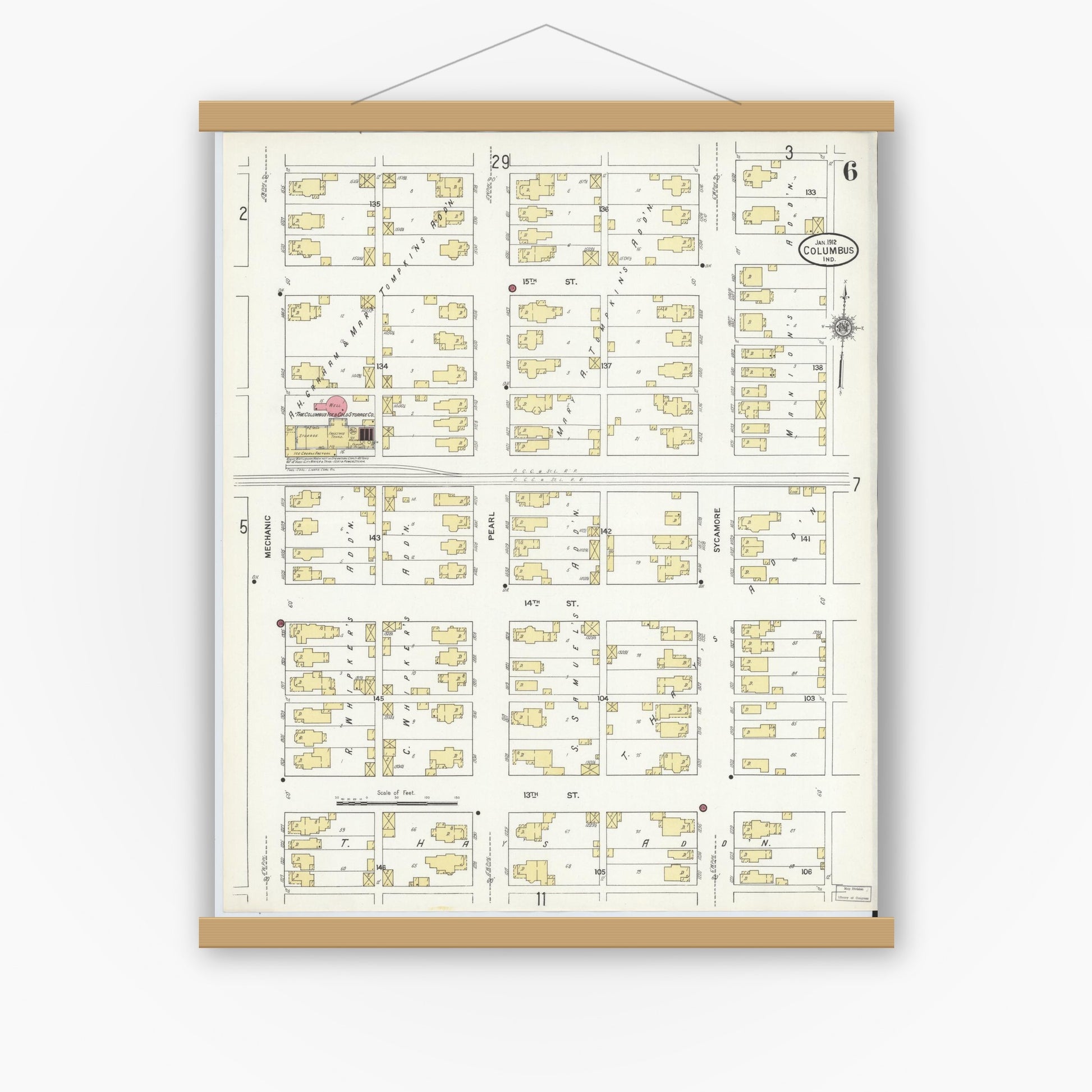 Old map wall art mockup — magnetic wood frame on white wall — Sanborn Fire Insurance Map from Columbus, Bartholomew County, Indiana (1912), Sheet #0006