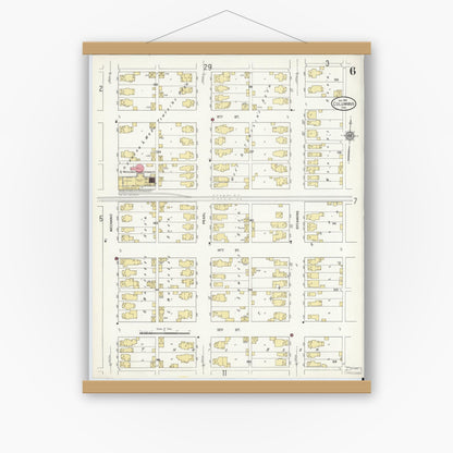 Old map wall art mockup — magnetic wood frame on white wall — Sanborn Fire Insurance Map from Columbus, Bartholomew County, Indiana (1912), Sheet #0006