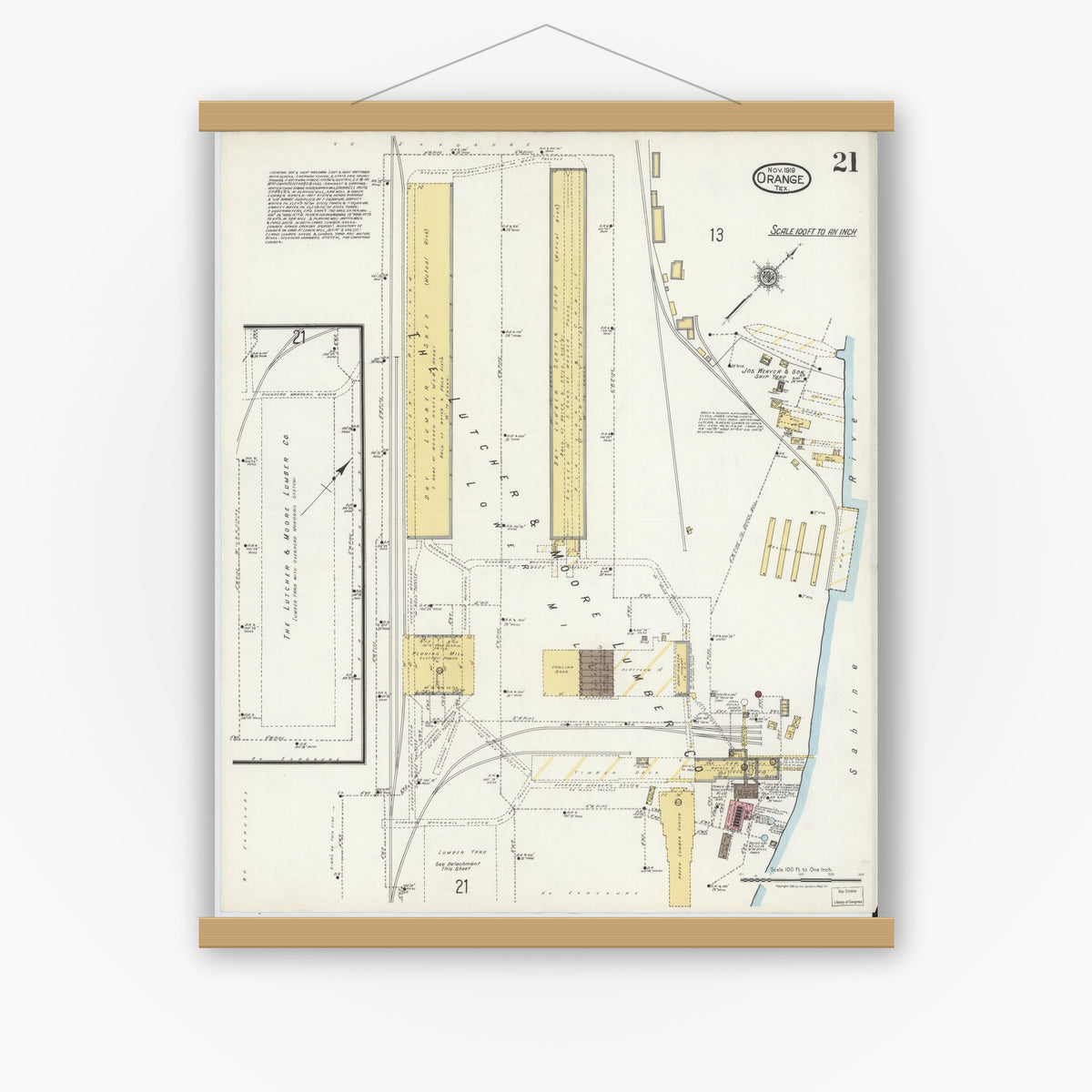 Old map wall art mockup — magnetic wood frame on white wall — Sanborn Fire Insurance Map from Orange, Orange County, Texas (1919), Sheet #0021