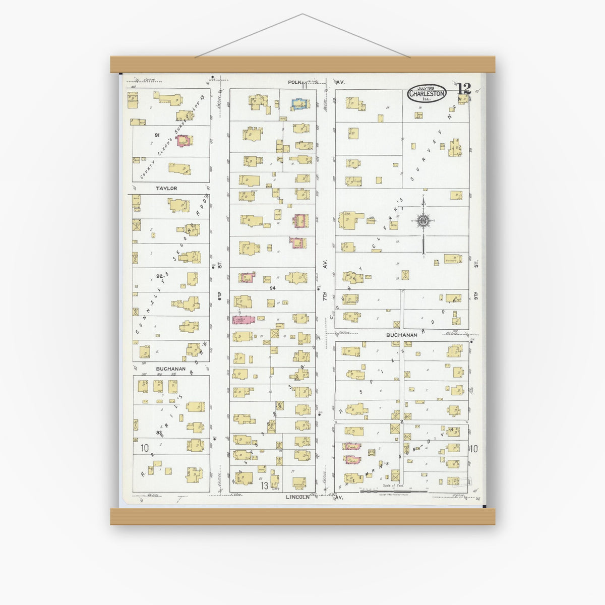 Old map wall art mockup — magnetic wood frame on white wall — Sanborn Fire Insurance Map from Charleston, Coles County, Illinois (1919), Sheet #0012