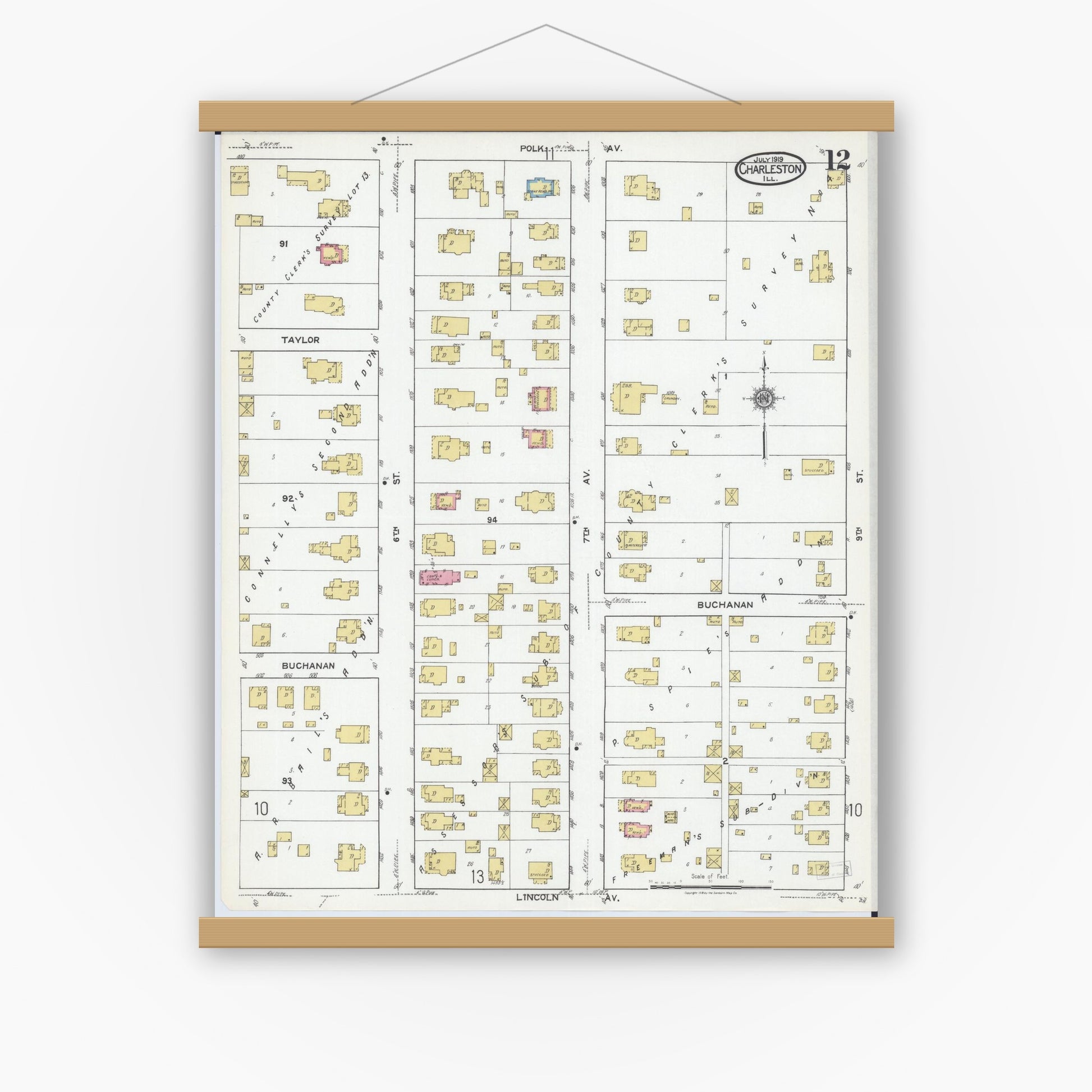 Old map wall art mockup — magnetic wood frame on white wall — Sanborn Fire Insurance Map from Charleston, Coles County, Illinois (1919), Sheet #0012