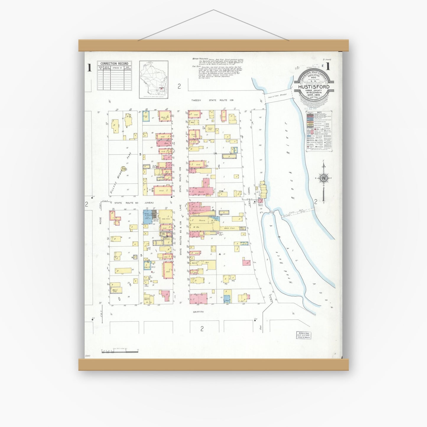 Old map wall art mockup — magnetic wood frame on white wall — Sanborn Fire Insurance Map from Hustisford, Dodge County, Wisconsin (1949), Sheet #0001