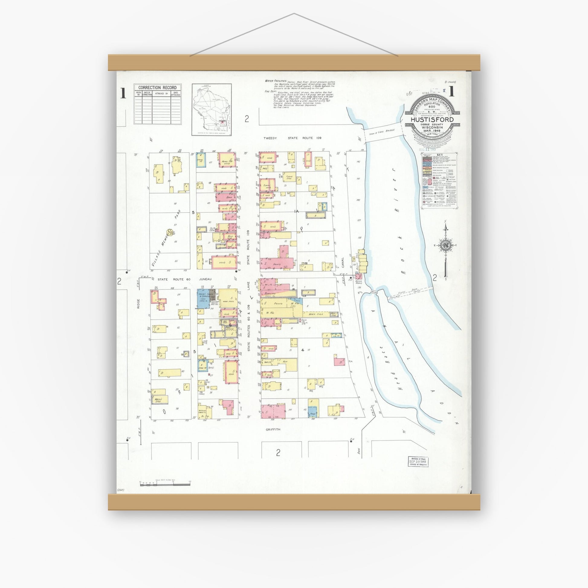 Old map wall art mockup — magnetic wood frame on white wall — Sanborn Fire Insurance Map from Hustisford, Dodge County, Wisconsin (1949), Sheet #0001