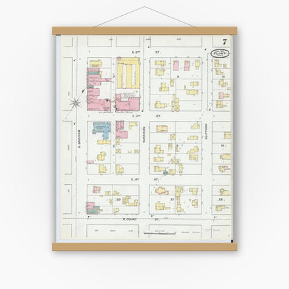 Old map wall art mockup — magnetic wood frame on white wall — Sanborn Fire Insurance Map from Flint, Genesee County, Michigan (1892), Sheet #0007