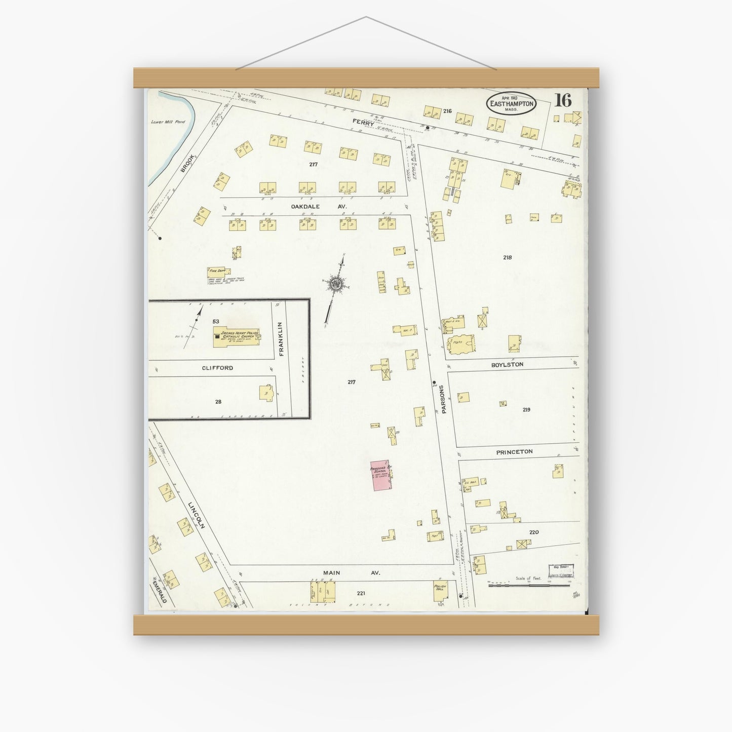 Old map wall art mockup — magnetic wood frame on white wall — Sanborn Fire Insurance Map from East Hampton, Hampshire County, Massachusetts (1910), Sheet #0016