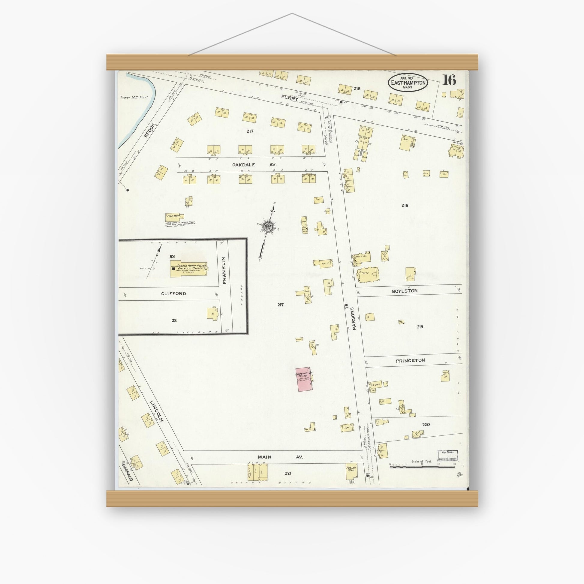 Old map wall art mockup — magnetic wood frame on white wall — Sanborn Fire Insurance Map from East Hampton, Hampshire County, Massachusetts (1910), Sheet #0016