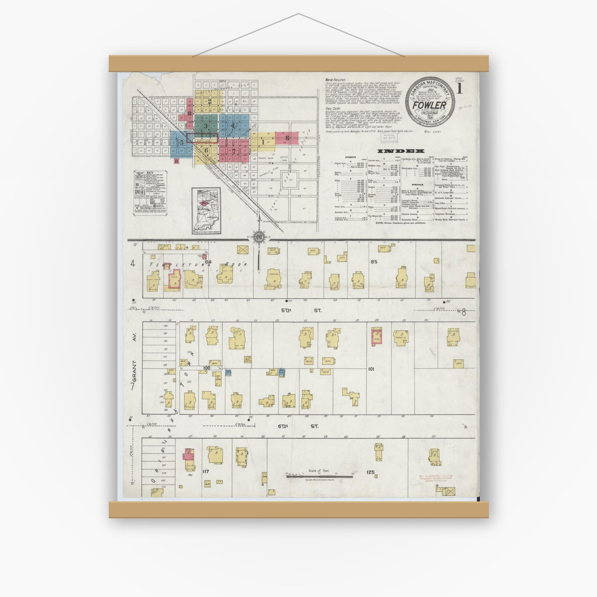 Old map wall art mockup — magnetic wood frame on white wall — Sanborn Fire Insurance Map from Fowler, Benton County, Indiana (1921) - Complete Map Set
