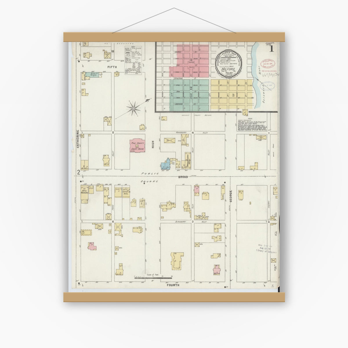 Old map wall art mockup — magnetic wood frame on white wall — Sanborn Fire Insurance Map from Milford, Pike County, Pennsylvania (1897), Sheet #0001