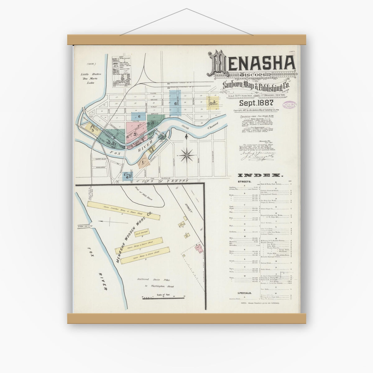 Old map wall art mockup — magnetic wood frame on white wall — Sanborn Fire Insurance Map from Menasha, Winnebago County, Wisconsin (1887) - Complete Map Set