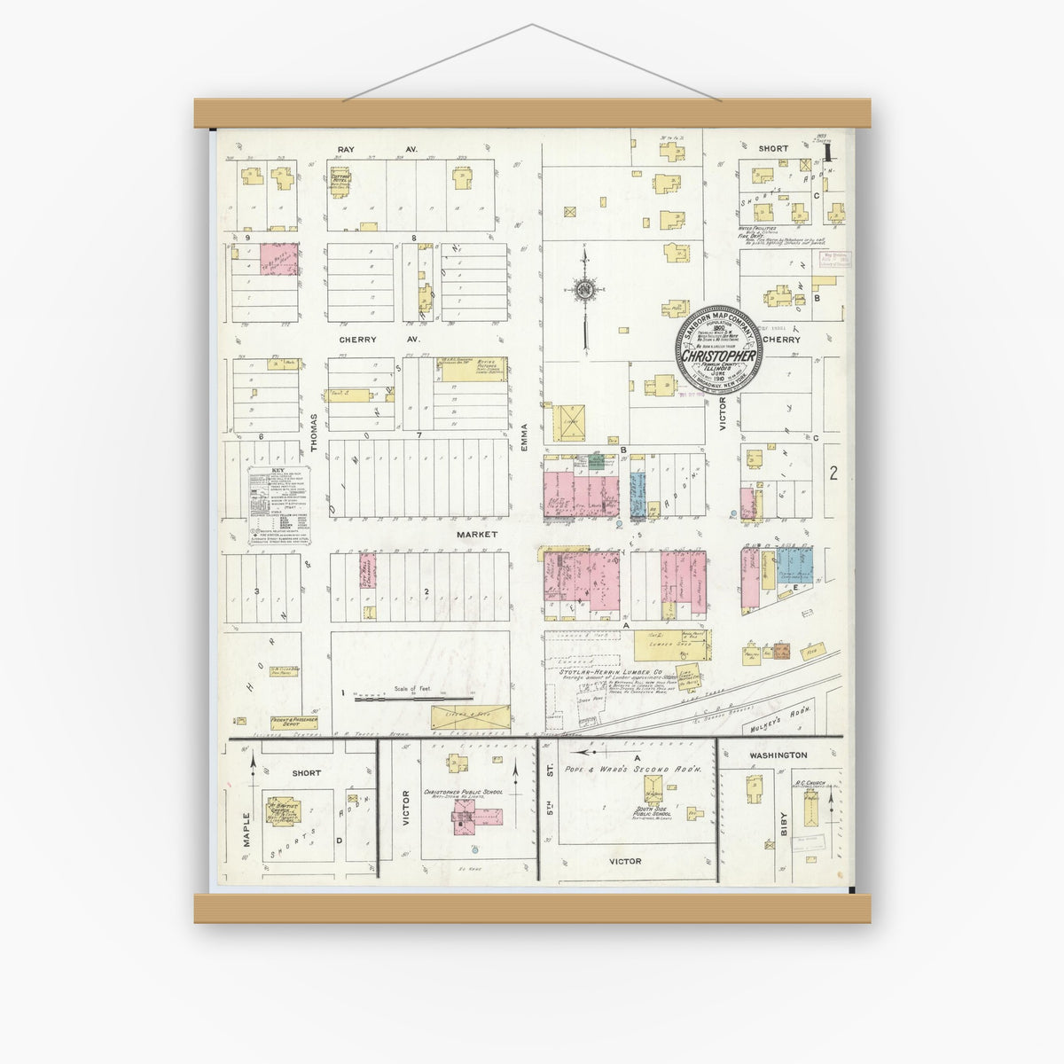 Old map wall art mockup — magnetic wood frame on white wall — Sanborn Fire Insurance Map from Christopher, Franklin County, Illinois (1910) - Complete Map Set