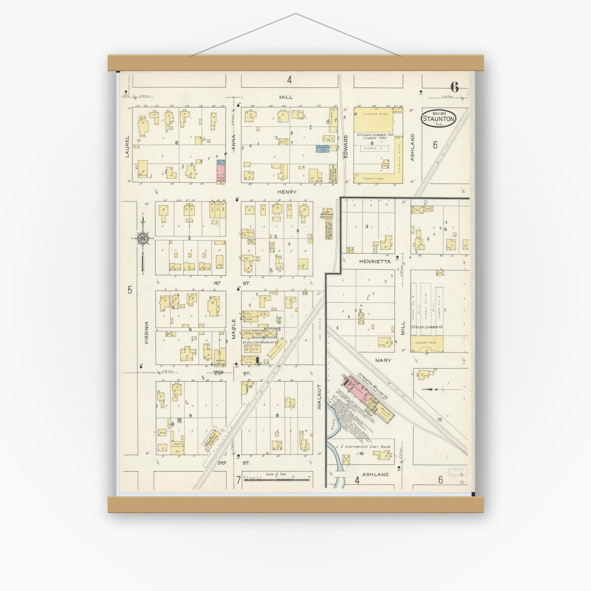 Old map wall art mockup — magnetic wood frame on white wall — Sanborn Fire Insurance Map from Staunton, Macoupin County, Illinois (1913), Sheet #0006