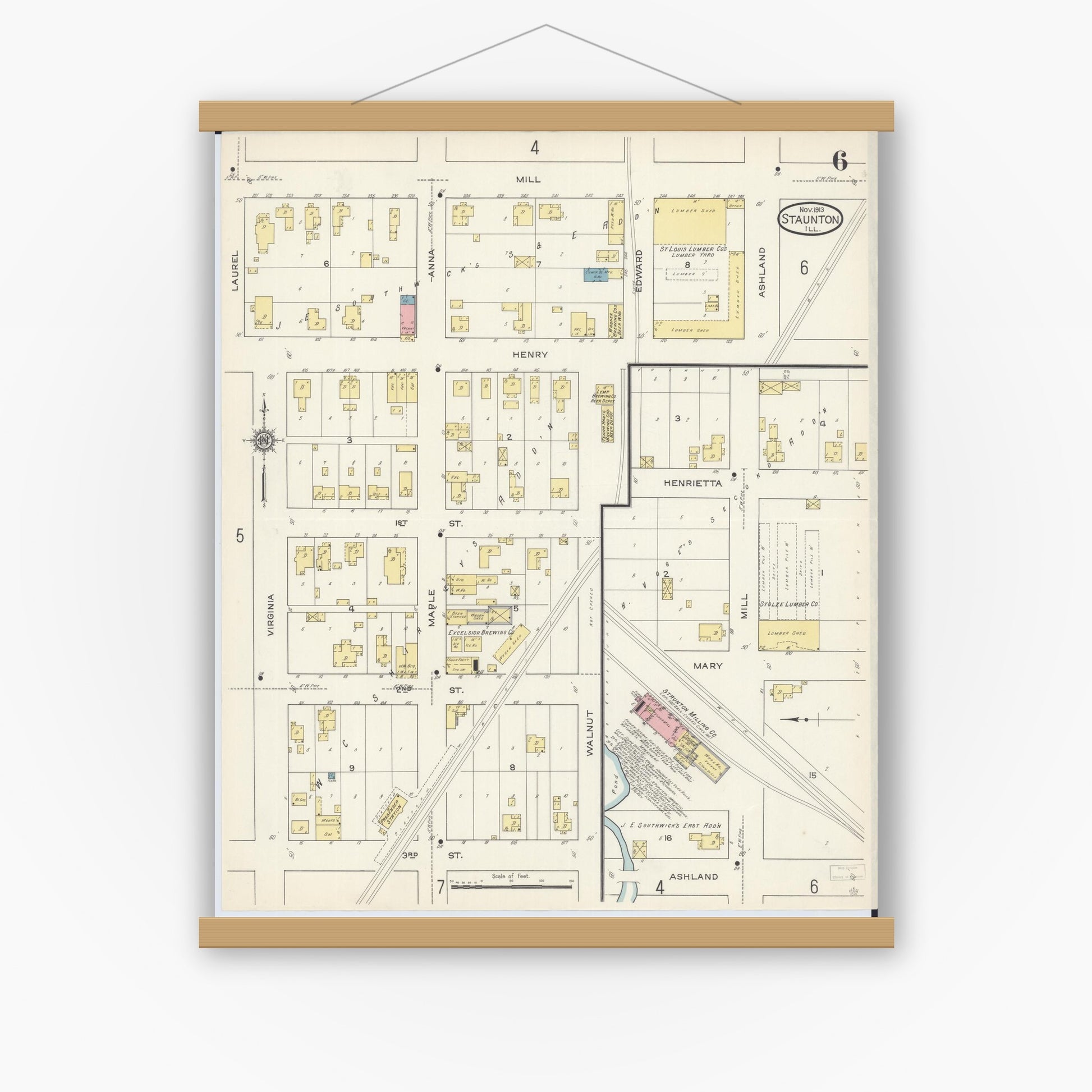 Old map wall art mockup — magnetic wood frame on white wall — Sanborn Fire Insurance Map from Staunton, Macoupin County, Illinois (1913), Sheet #0006