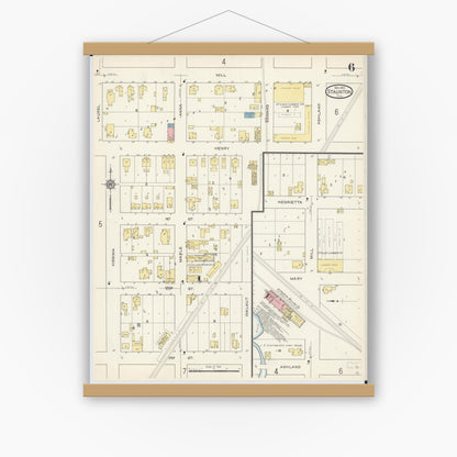 Old map wall art mockup — magnetic wood frame on white wall — Sanborn Fire Insurance Map from Staunton, Macoupin County, Illinois (1913), Sheet #0006