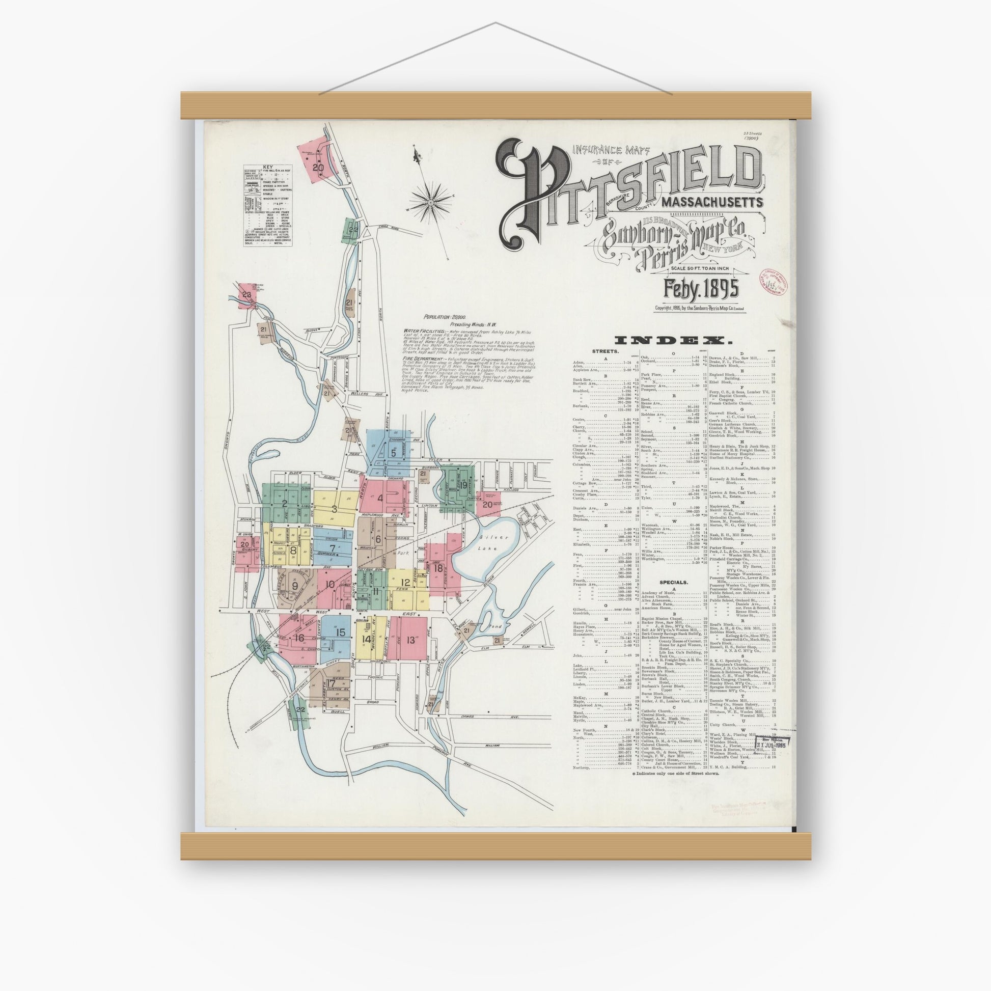 Old map wall art mockup — magnetic wood frame on white wall — Sanborn Fire Insurance Map from Pittsfield, Berkshire County, Massachusetts (1895), Sheet #0001