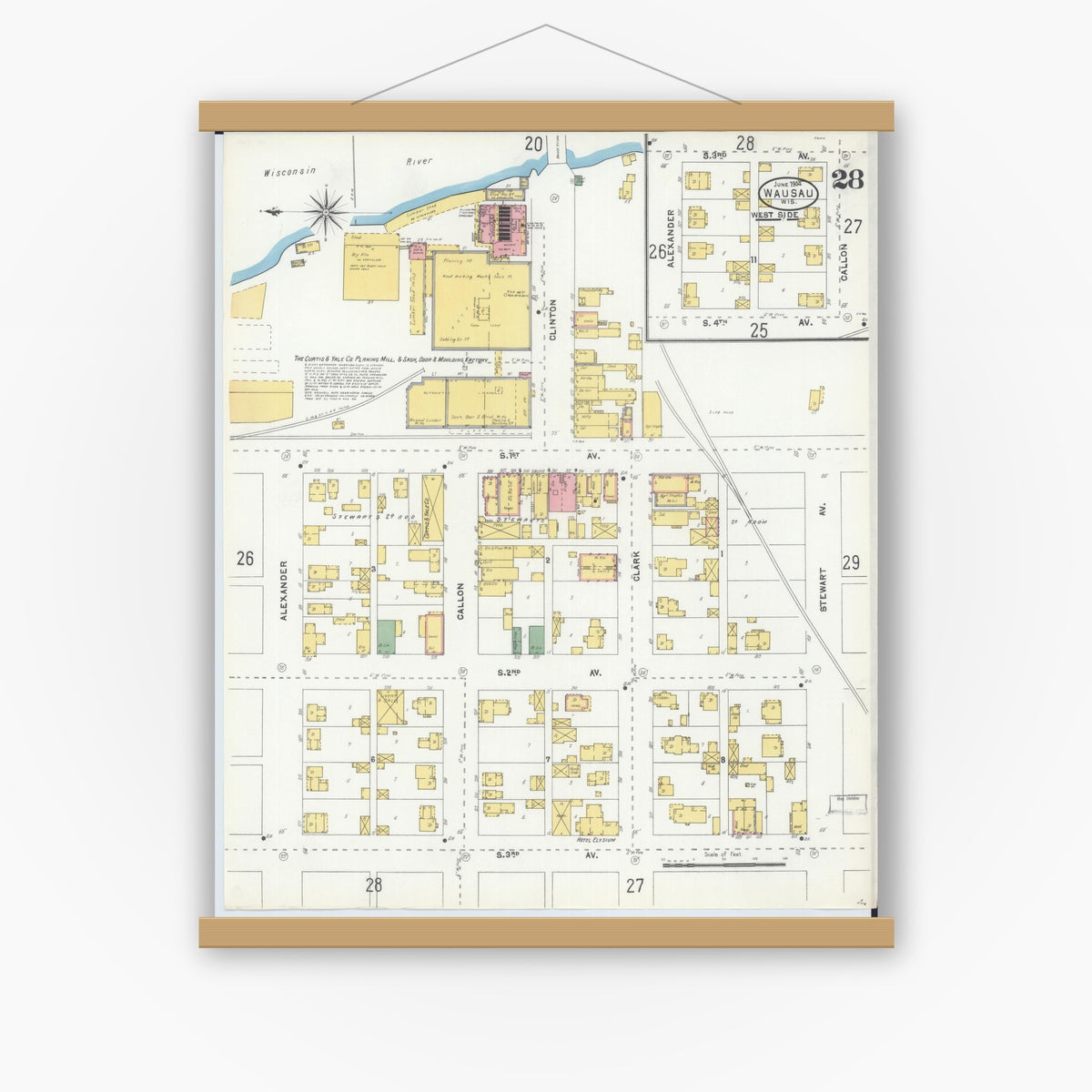 Old map wall art mockup — magnetic wood frame on white wall — Sanborn Fire Insurance Map from Wausau, Marathon County, Wisconsin (1904), Sheet #0028
