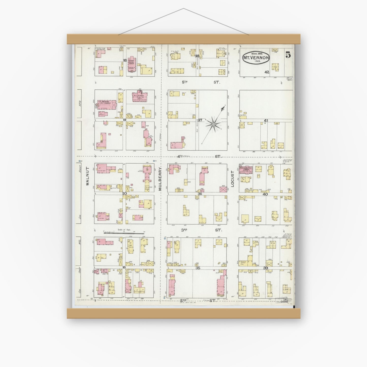 Old map wall art mockup — magnetic wood frame on white wall — Sanborn Fire Insurance Map from Mount Vernon, Posey County, Indiana (1892), Sheet #0005