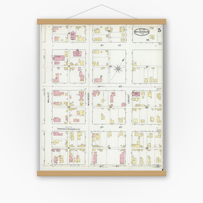 Old map wall art mockup — magnetic wood frame on white wall — Sanborn Fire Insurance Map from Mount Vernon, Posey County, Indiana (1892), Sheet #0005