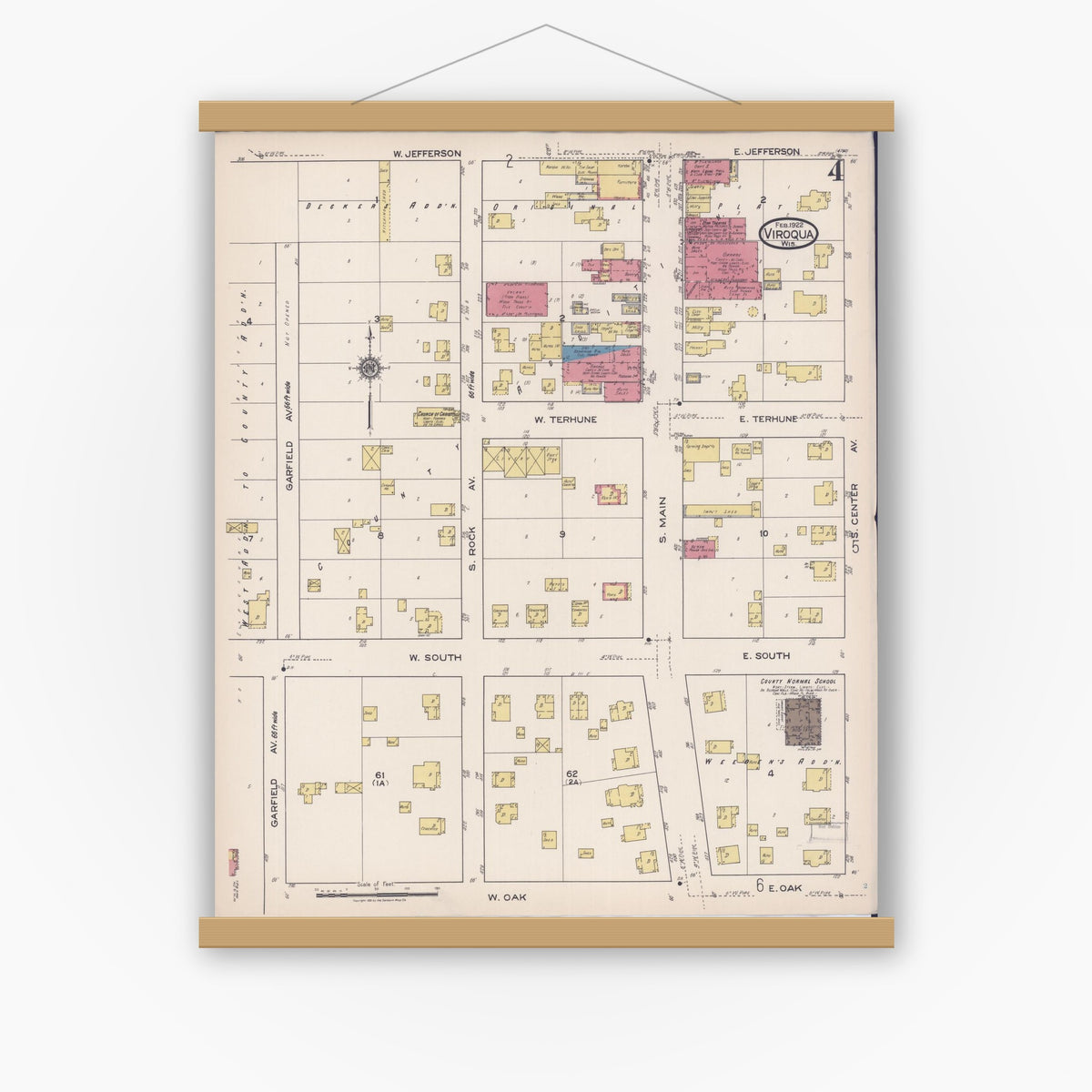 Old map wall art mockup — magnetic wood frame on white wall — Sanborn Fire Insurance Map from Viroqua, Vernon County, Wisconsin (1922), Sheet #0004