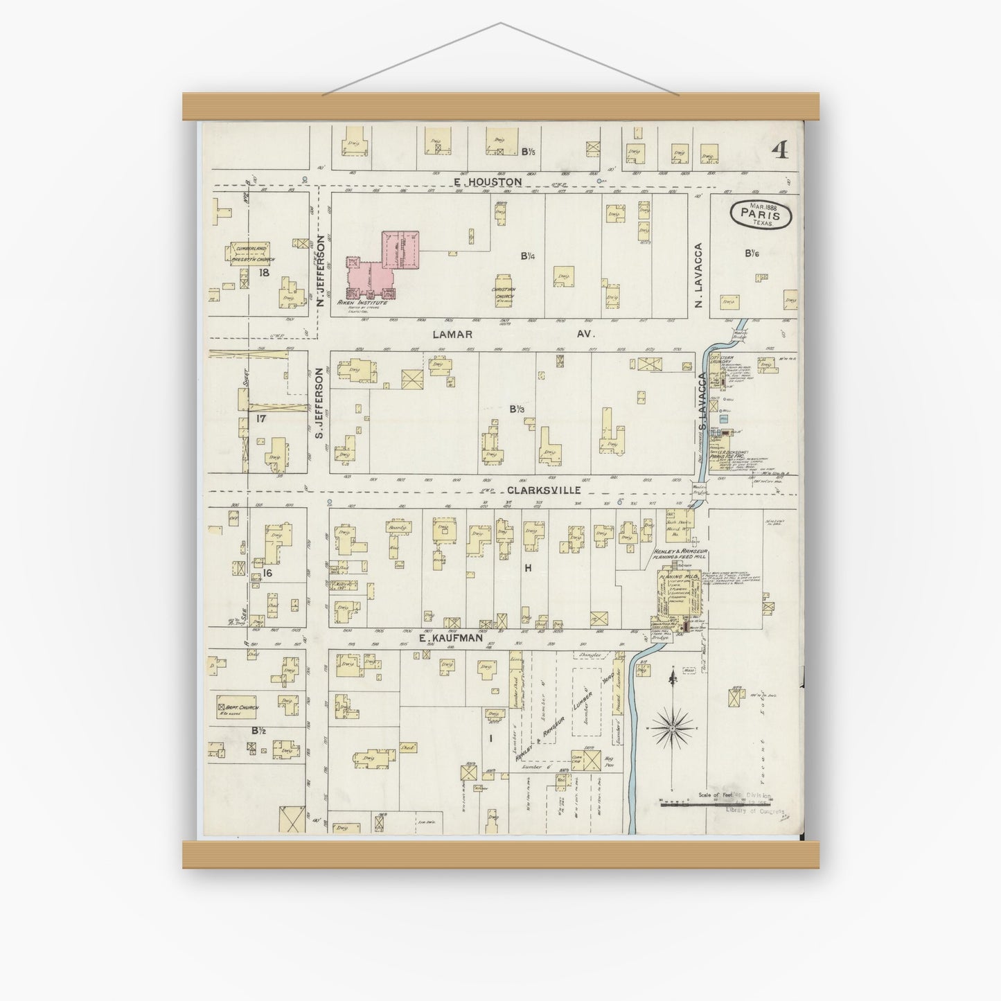 Old map wall art mockup — magnetic wood frame on white wall — Sanborn Fire Insurance Map from Paris, Lamar County, Texas (1888), Sheet #0004