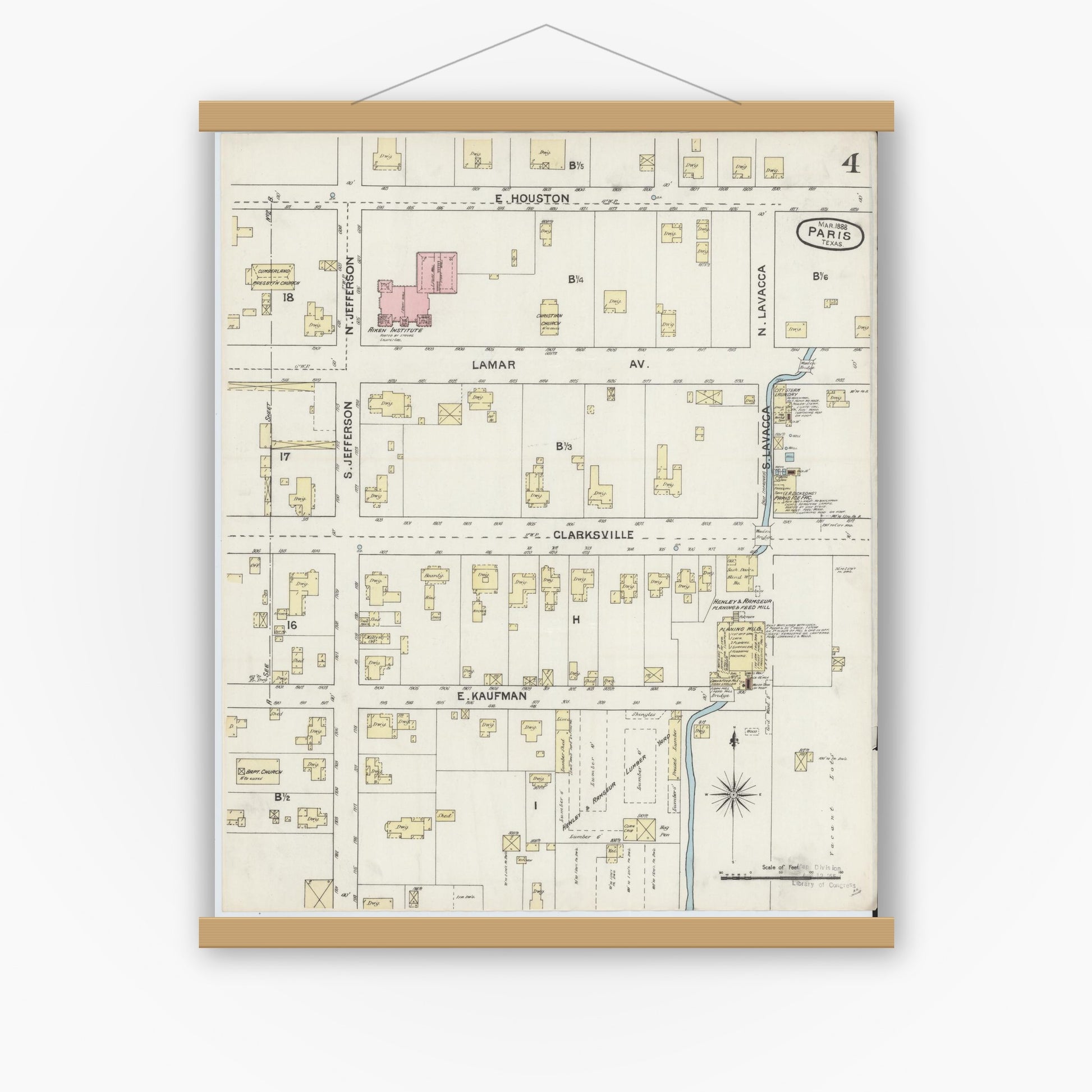 Old map wall art mockup — magnetic wood frame on white wall — Sanborn Fire Insurance Map from Paris, Lamar County, Texas (1888), Sheet #0004