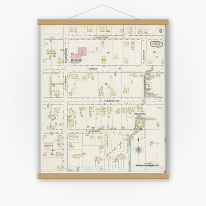 Old map wall art mockup — magnetic wood frame on white wall — Sanborn Fire Insurance Map from Paris, Lamar County, Texas (1888), Sheet #0004