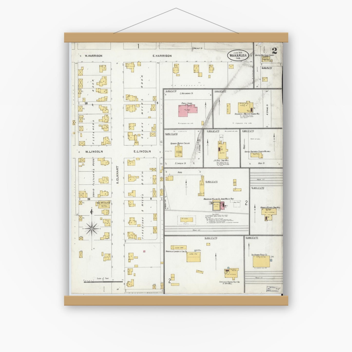 Old map wall art mockup — magnetic wood frame on white wall — Sanborn Fire Insurance Map from Wakarusa, Elkhart County, Indiana (1905), Sheet #0002