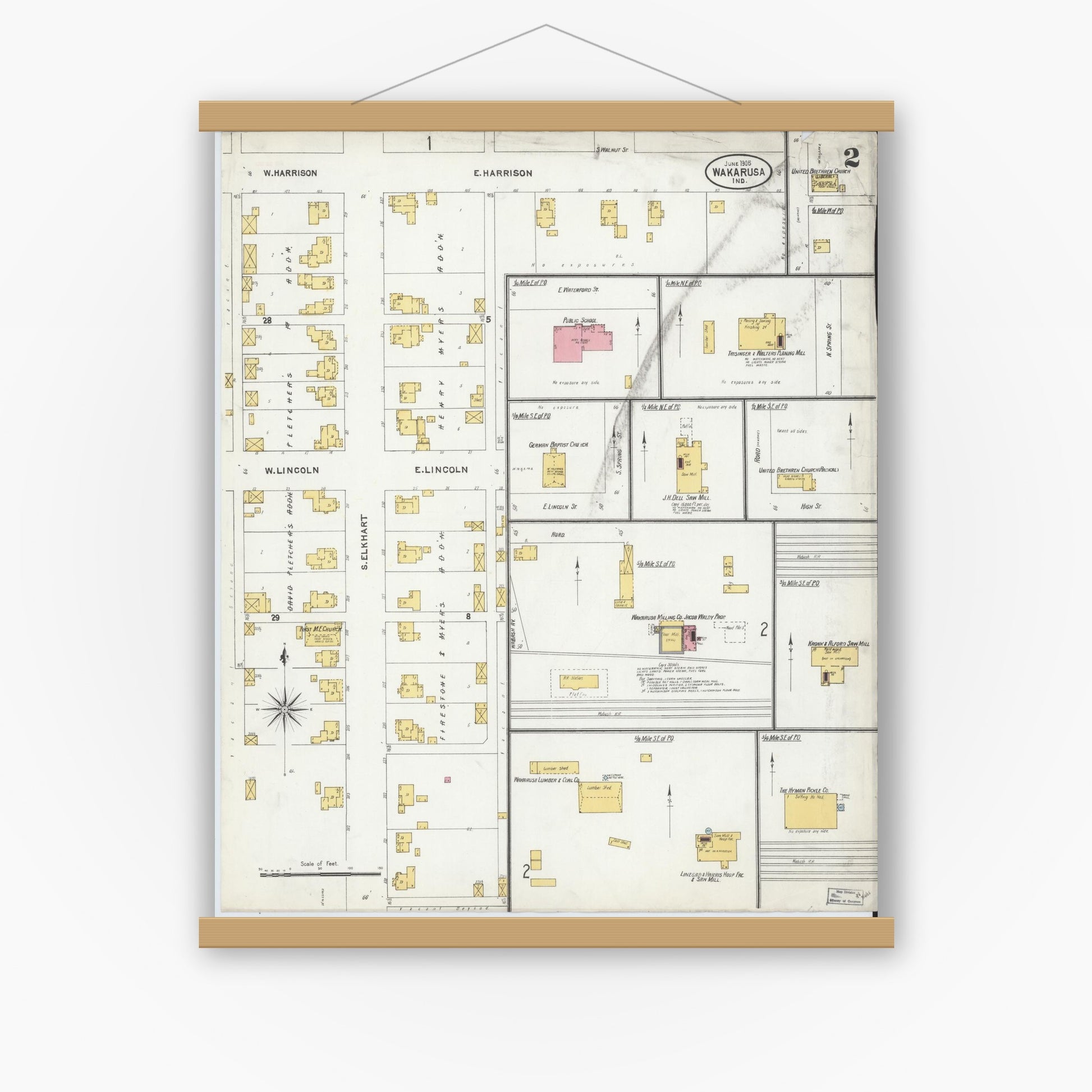 Old map wall art mockup — magnetic wood frame on white wall — Sanborn Fire Insurance Map from Wakarusa, Elkhart County, Indiana (1905), Sheet #0002