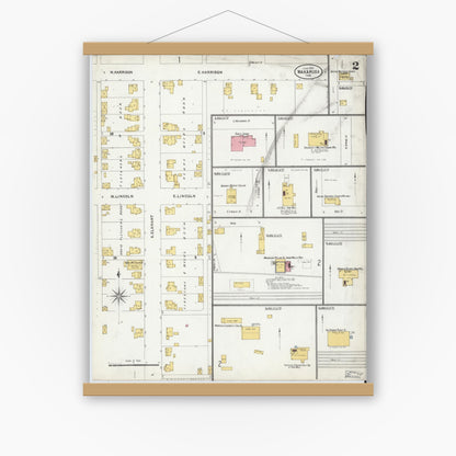 Old map wall art mockup — magnetic wood frame on white wall — Sanborn Fire Insurance Map from Wakarusa, Elkhart County, Indiana (1905), Sheet #0002