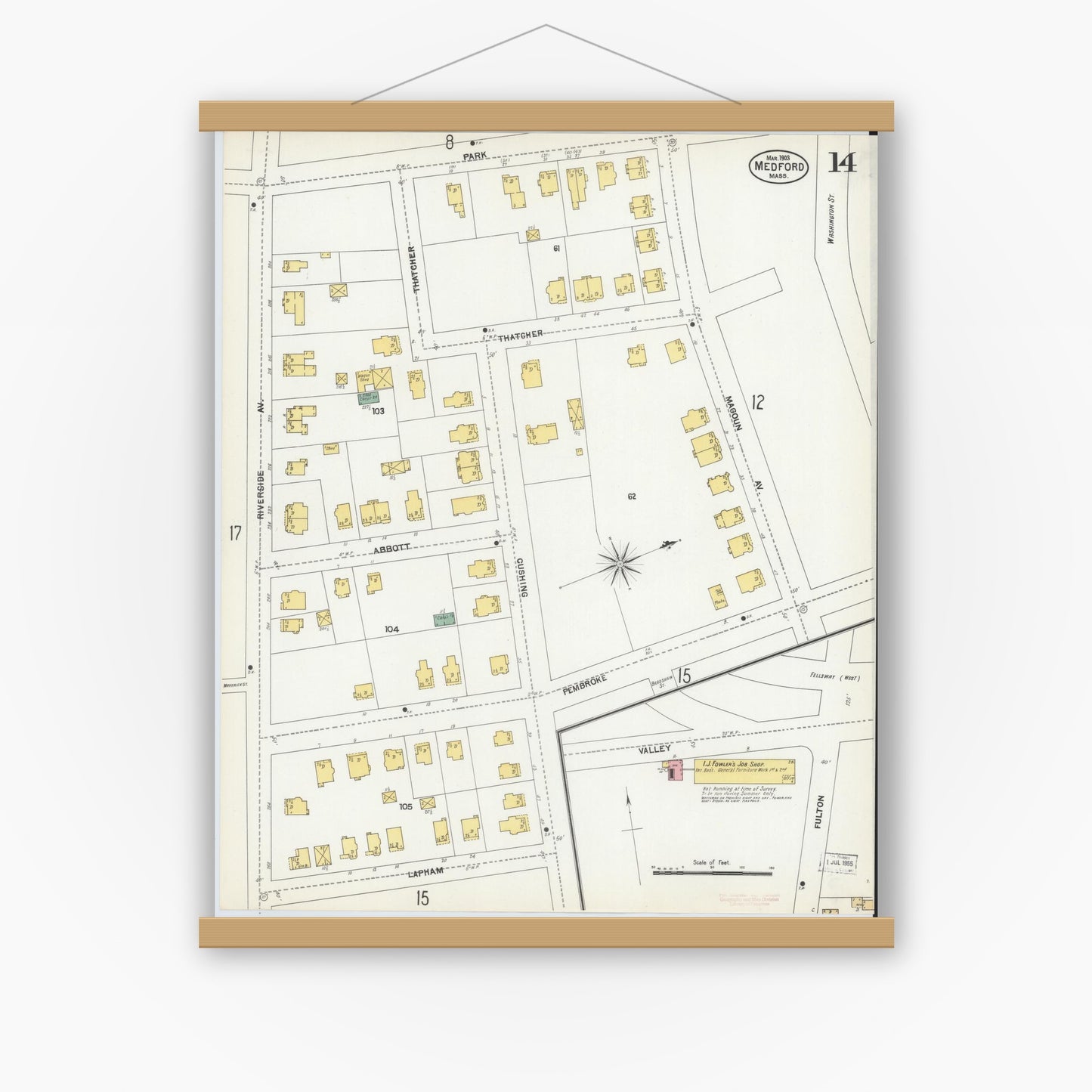 Old map wall art mockup — magnetic wood frame on white wall — Sanborn Fire Insurance Map from Medford, Middlesex County, Massachusetts (1903), Sheet #0014