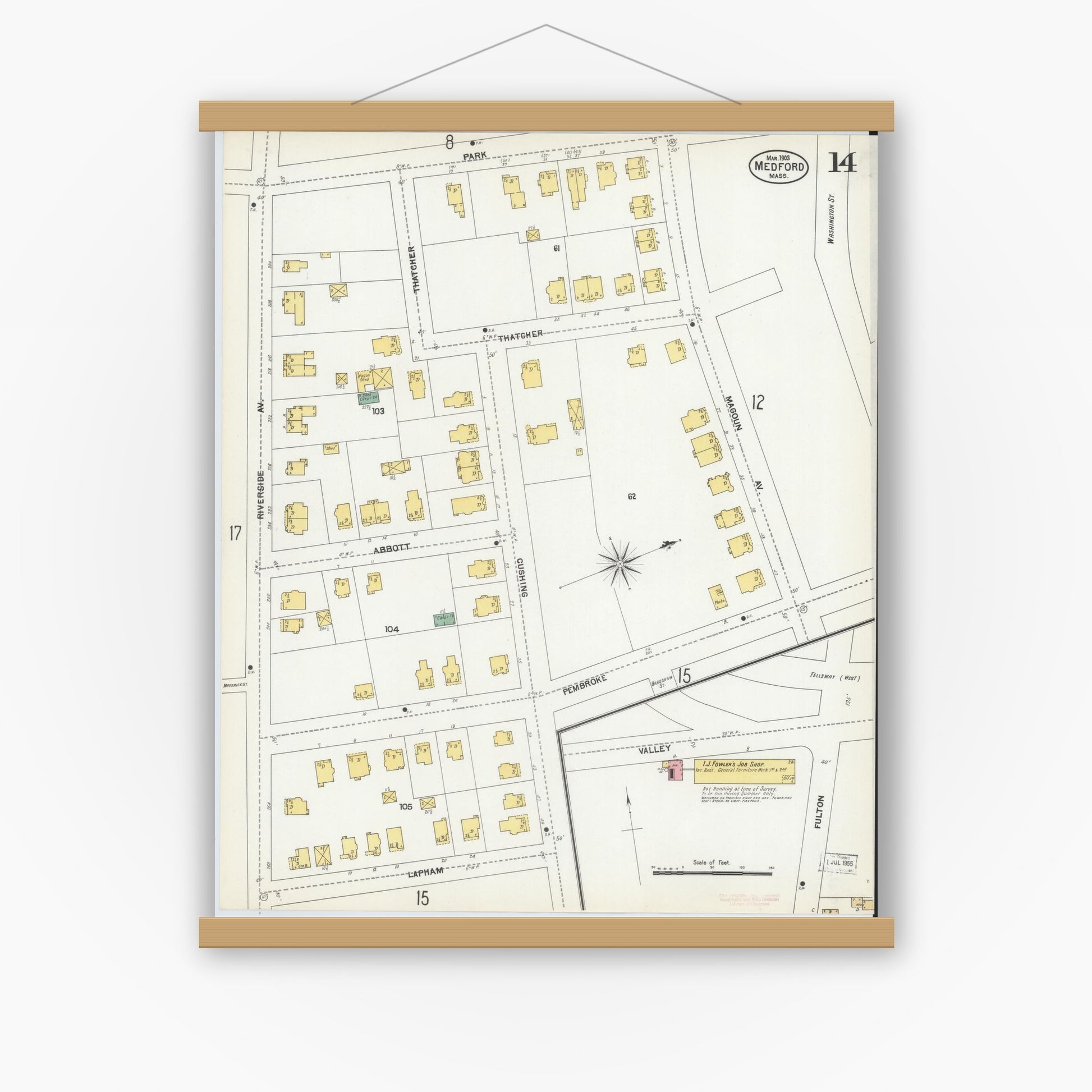 Old map wall art mockup — magnetic wood frame on white wall — Sanborn Fire Insurance Map from Medford, Middlesex County, Massachusetts (1903), Sheet #0014