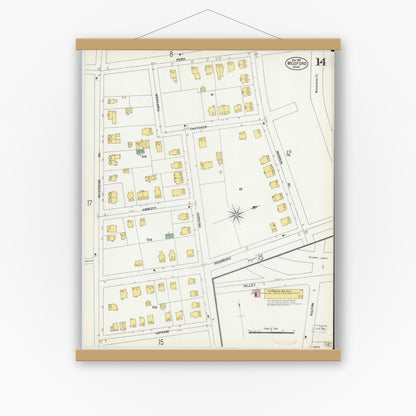 Old map wall art mockup — magnetic wood frame on white wall — Sanborn Fire Insurance Map from Medford, Middlesex County, Massachusetts (1903), Sheet #0014