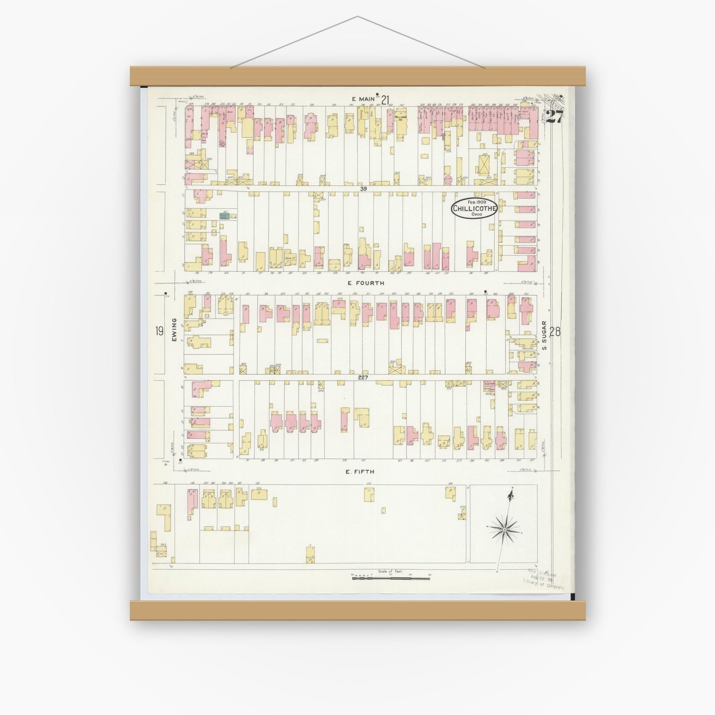 Old map wall art mockup — magnetic wood frame on white wall — Sanborn Fire Insurance Map from Chillicothe, Ross County, Ohio (1909), Sheet #0027