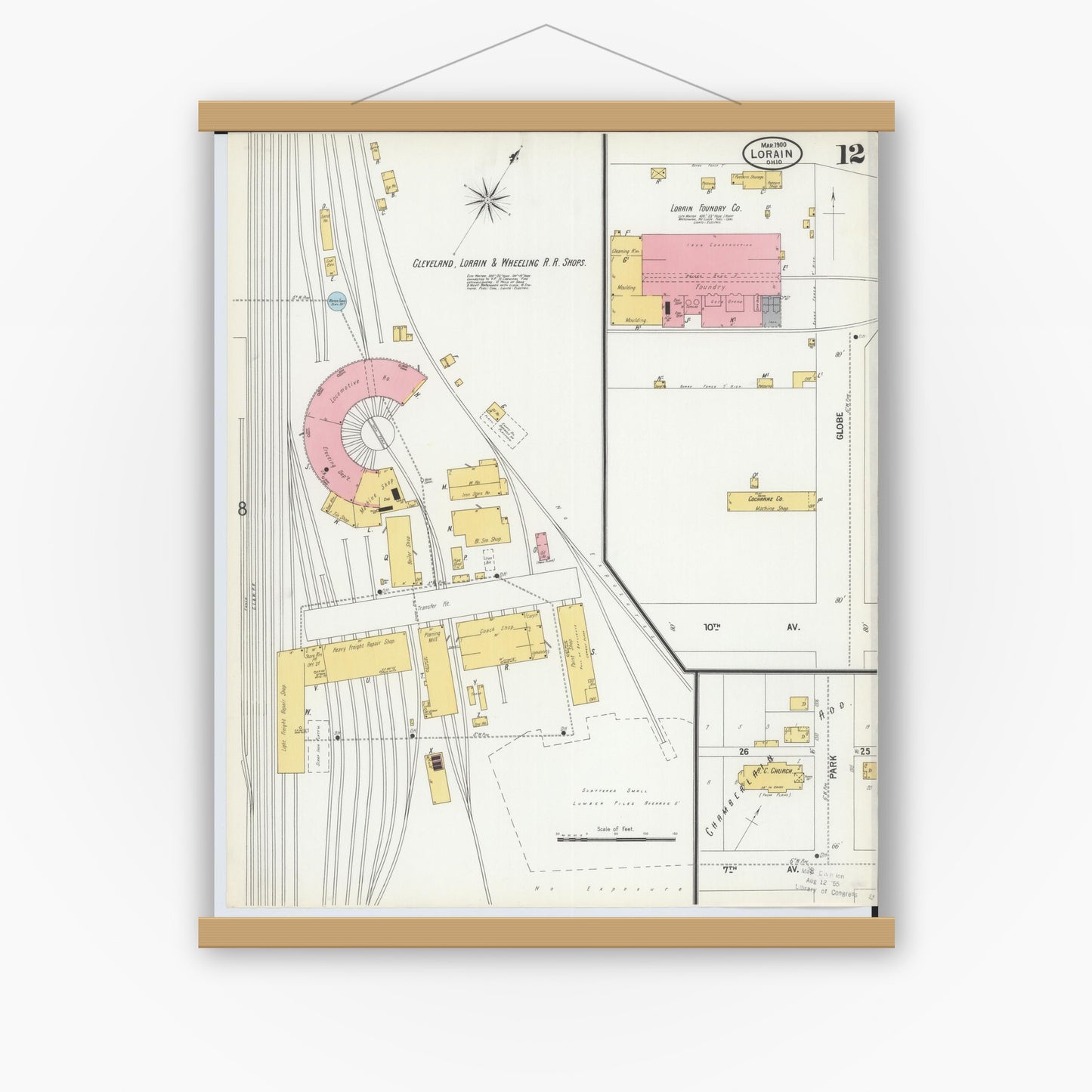 Old map wall art mockup — magnetic wood frame on white wall — Sanborn Fire Insurance Map from Lorain, Lorain County, Ohio (1900), Sheet #0012
