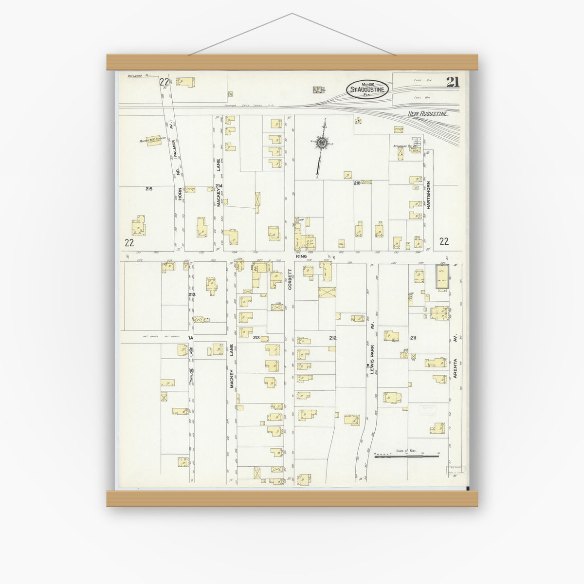 Old map wall art mockup — magnetic wood frame on white wall — Sanborn Fire Insurance Map from Saint Augustine, Saint John's County, Florida (1910), Sheet #0021