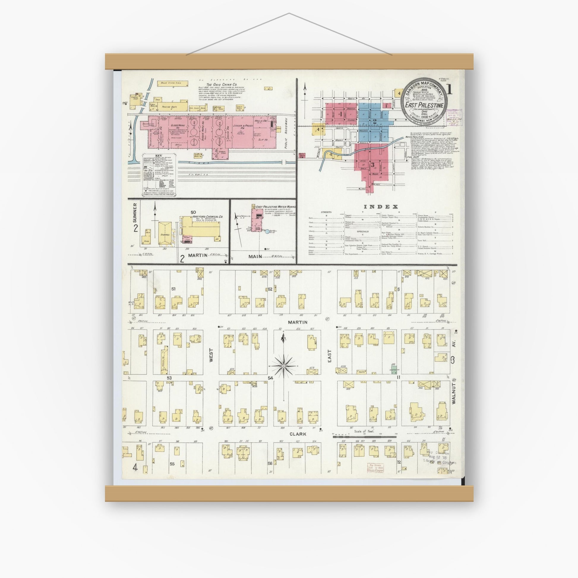 Old map wall art mockup — magnetic wood frame on white wall — Sanborn Fire Insurance Map from East Palestine, Columbiana County, Ohio (1908) - Complete Map Set