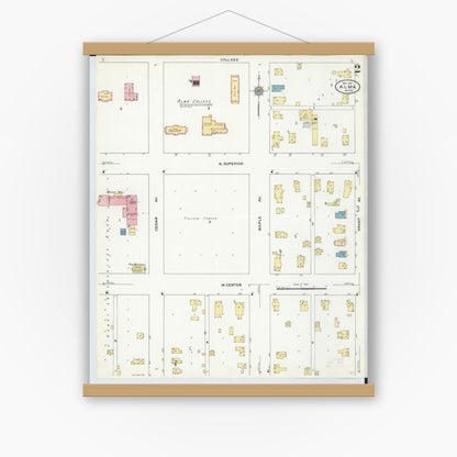 Old map wall art mockup — magnetic wood frame on white wall — Sanborn Fire Insurance Map from Alma, Gratiot County, Michigan (1910), Sheet #0002