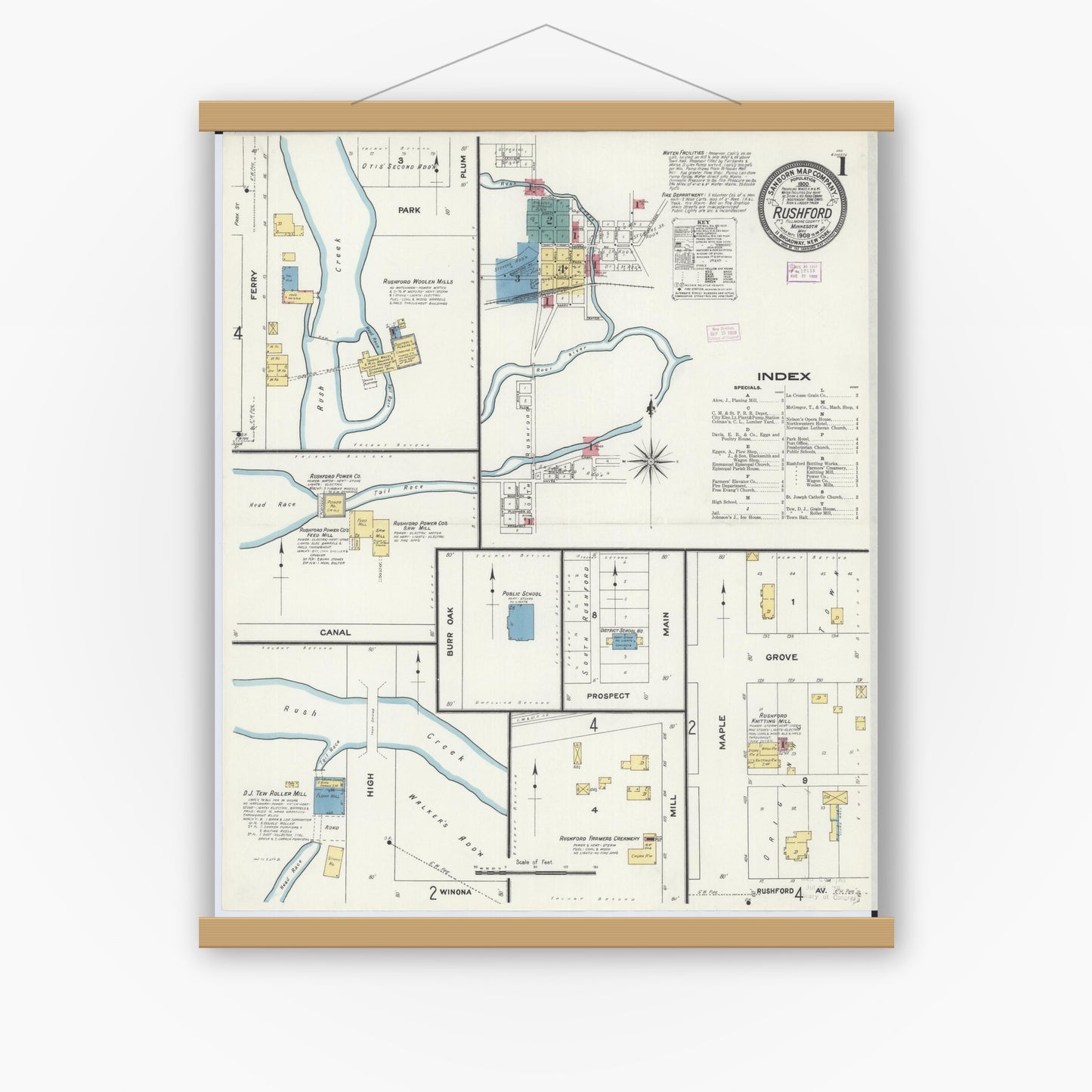 Old map wall art mockup — magnetic wood frame on white wall — Sanborn Fire Insurance Map from Rushford, Fillmore County, Minnesota (1909) - Complete Map Set